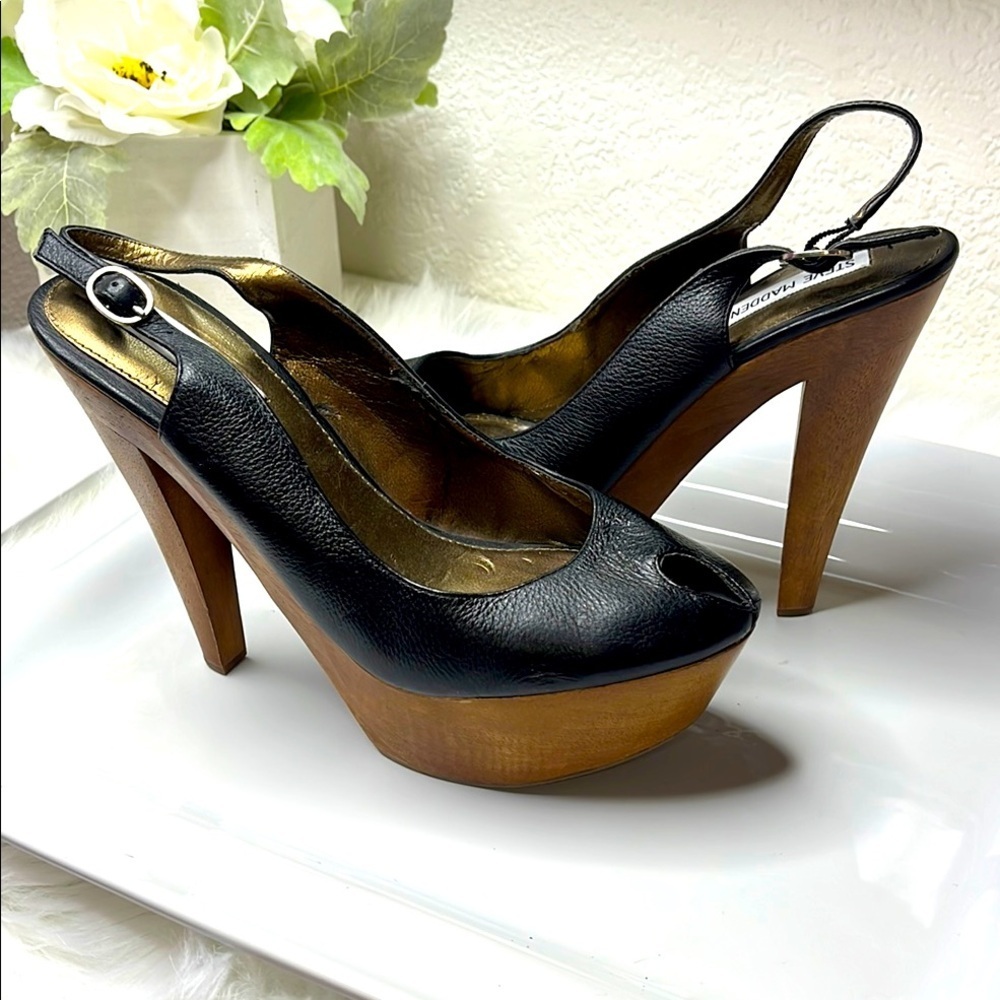 Stylish Black Leather& Wood Platform Slingback Heels